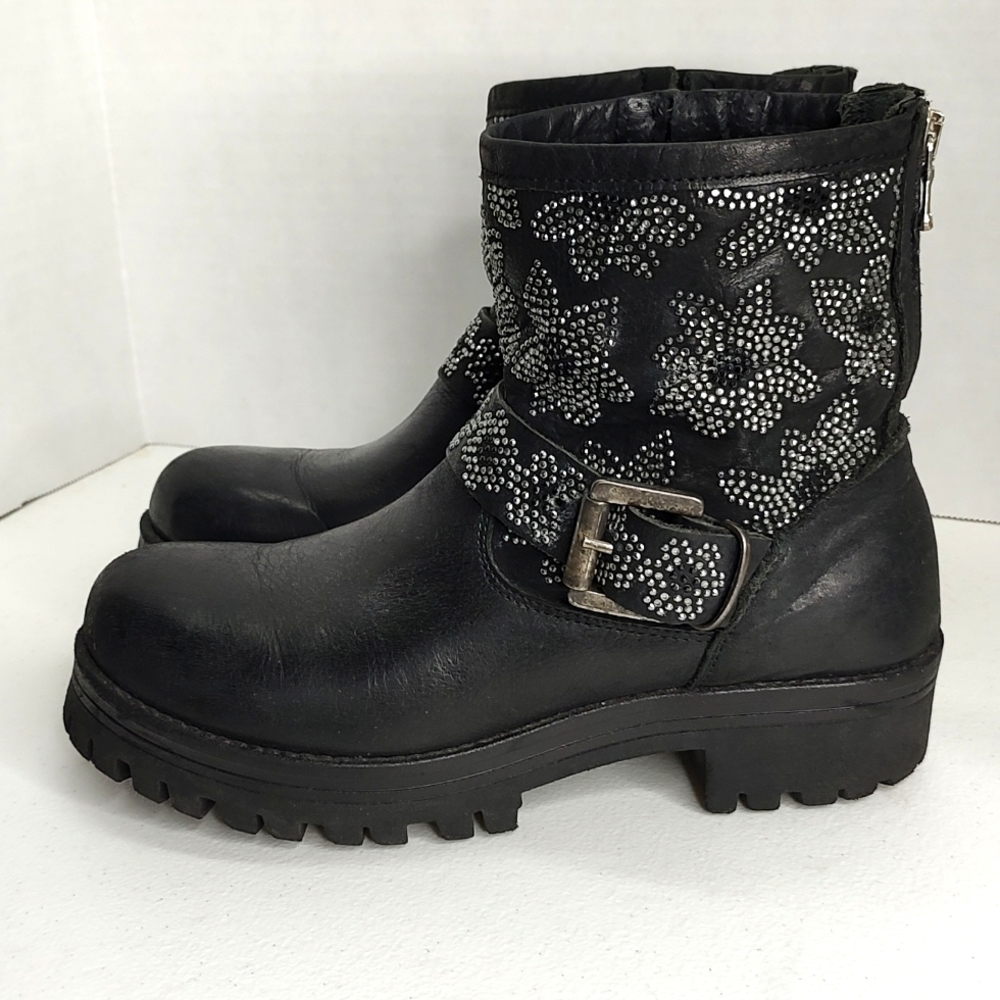 Cafe Noir Moto Boots Sz EU 36 black ankle boots crystal floral detail lug sole